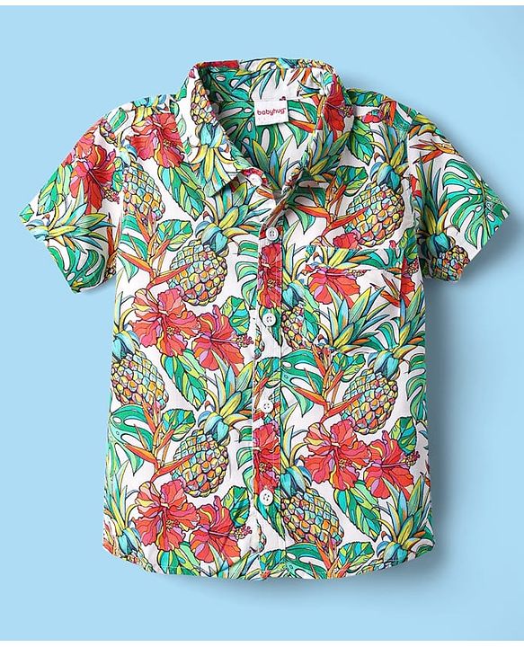 Babyhug Rayon Woven Half Sleeves Shirt & Denim Shorts Set with Tropical Theme Print - Blue