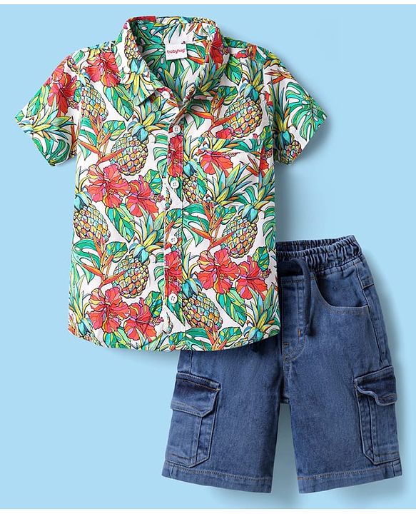 Babyhug Rayon Woven Half Sleeves Shirt & Denim Shorts Set with Tropical Theme Print - Blue