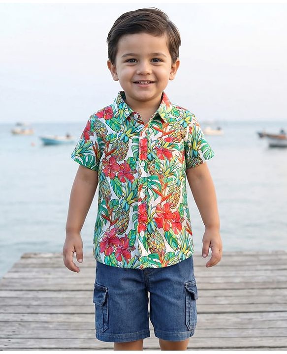 Babyhug Rayon Woven Half Sleeves Shirt & Denim Shorts Set with Tropical Theme Print - Blue