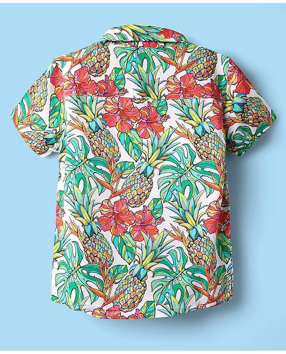 Babyhug Rayon Woven Half Sleeves Shirt & Denim Shorts Set with Tropical Theme Print - Blue