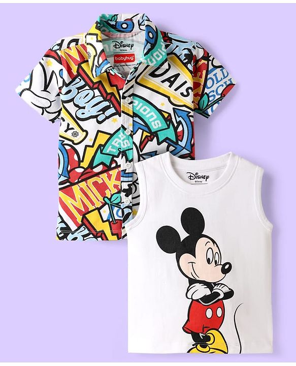 Babyhug Disney Single Jersey Knit Half Sleeves Shirt & T-Shirt With Mickey Mouse Print - Multicolor