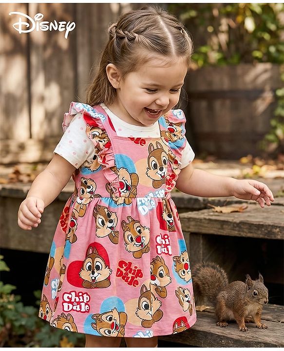 Babyhug Disney Single Jersey Knit Half Sleeves T-Shirt With Frock & Chip N Dale Print & Frill Detailing - White & Pink