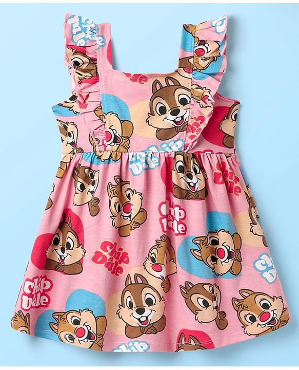 Babyhug Disney Single Jersey Knit Half Sleeves T-Shirt With Frock & Chip N Dale Print & Frill Detailing - White & Pink