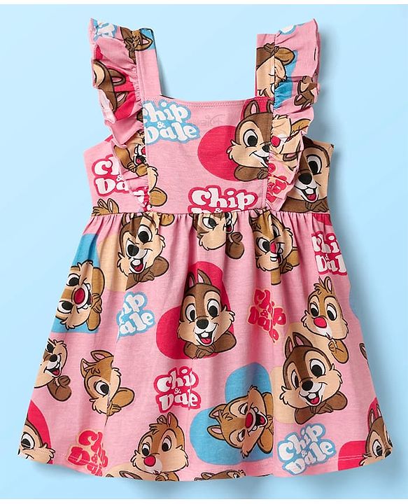 Babyhug Disney Single Jersey Knit Half Sleeves T-Shirt With Frock & Chip N Dale Print & Frill Detailing - White & Pink