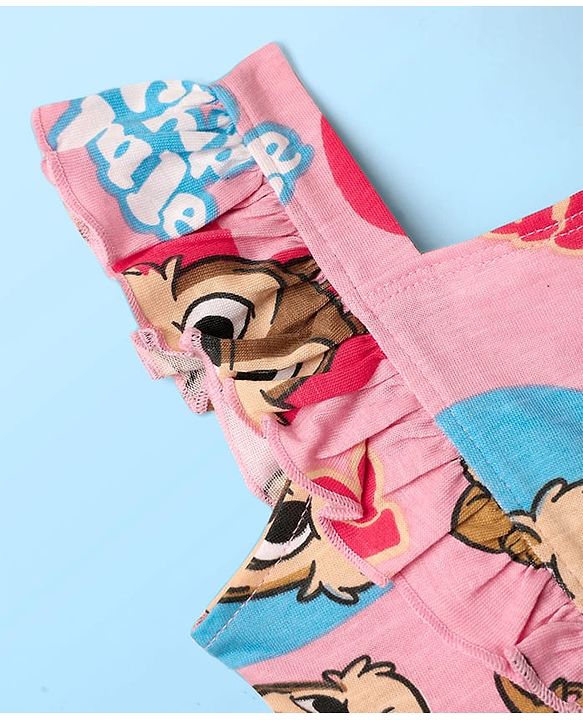 Babyhug Disney Single Jersey Knit Half Sleeves T-Shirt With Frock & Chip N Dale Print & Frill Detailing - White & Pink