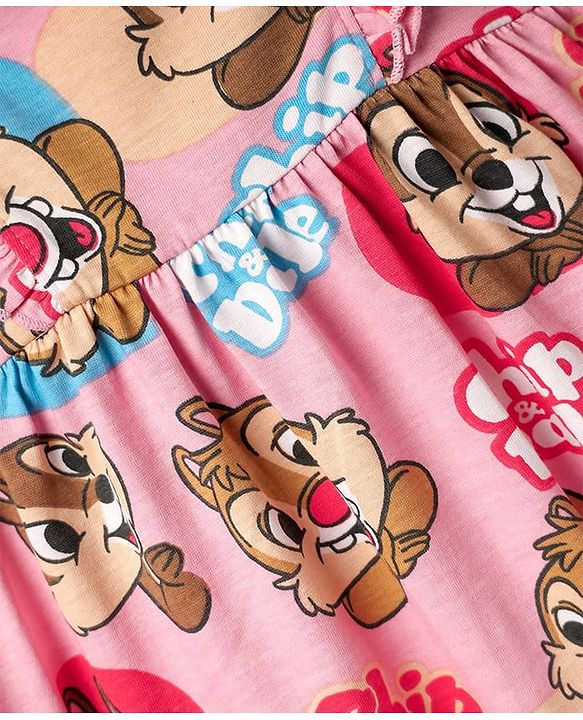 Babyhug Disney Single Jersey Knit Half Sleeves T-Shirt With Frock & Chip N Dale Print & Frill Detailing - White & Pink