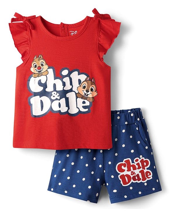 Babyhug Disney Single Jersey Knit Frill Sleeve T-Shirt & Short With Chip N Dale Graphics - Red & Blue