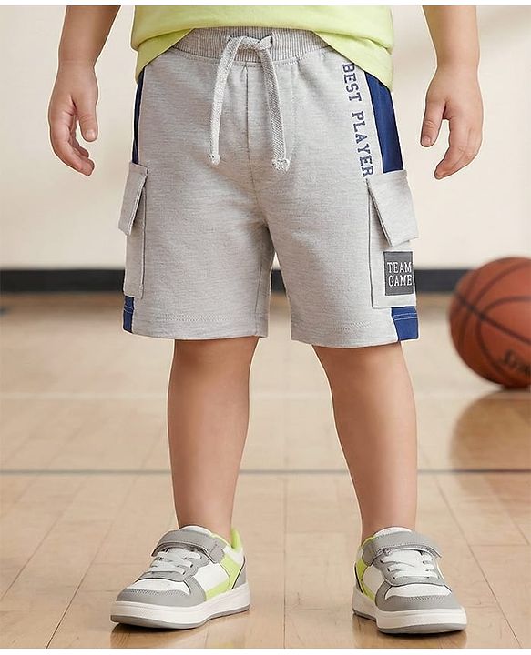 Babyhug Cotton Terry Knit Mid Thigh Shorts With Text Print - Light Grey