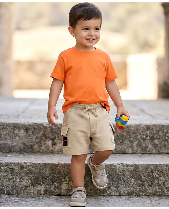 Babyhug Cotton Terry Knit Mid Thigh Solid Shorts - Khaki