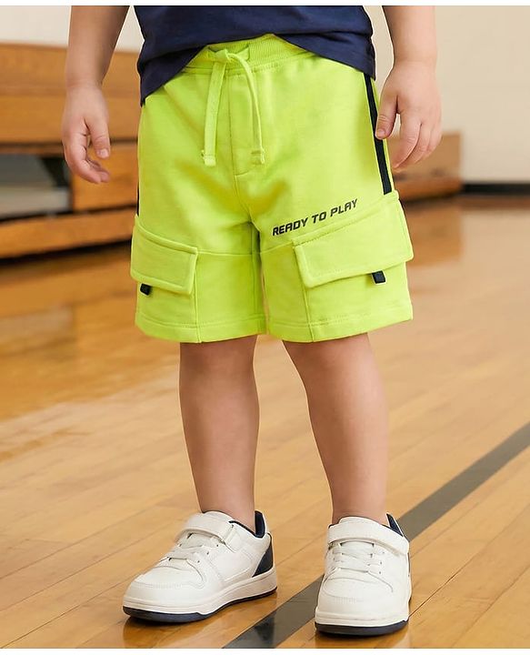 Babyhug Terry Knit Mid Thigh Length Text Printed Shorts With Front Pockets -Lime Green