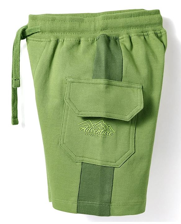 Babyhug Terry Knit Mid Thigh Length Cut & Sew Adventure Text Printed Shorts With Side Pockets - Green