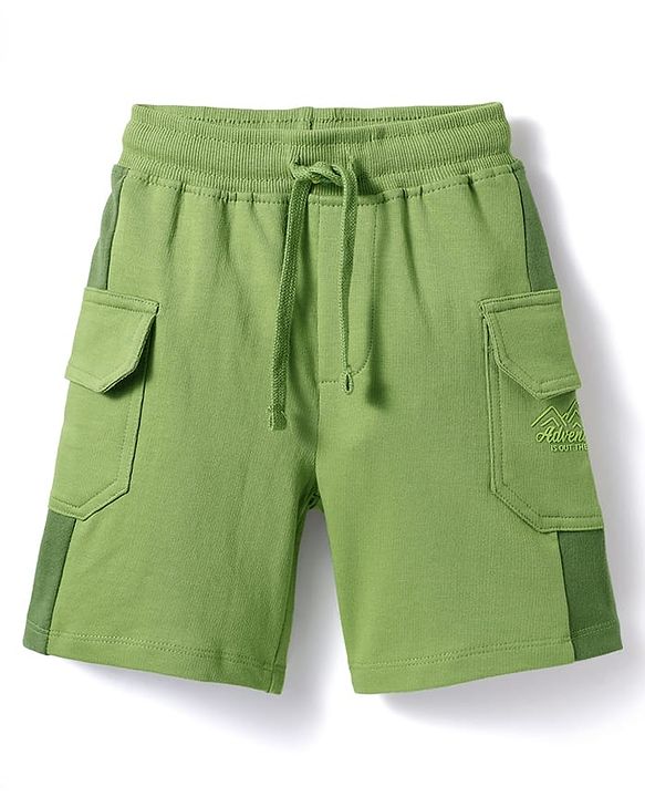 Babyhug Terry Knit Mid Thigh Length Cut & Sew Adventure Text Printed Shorts With Side Pockets - Green