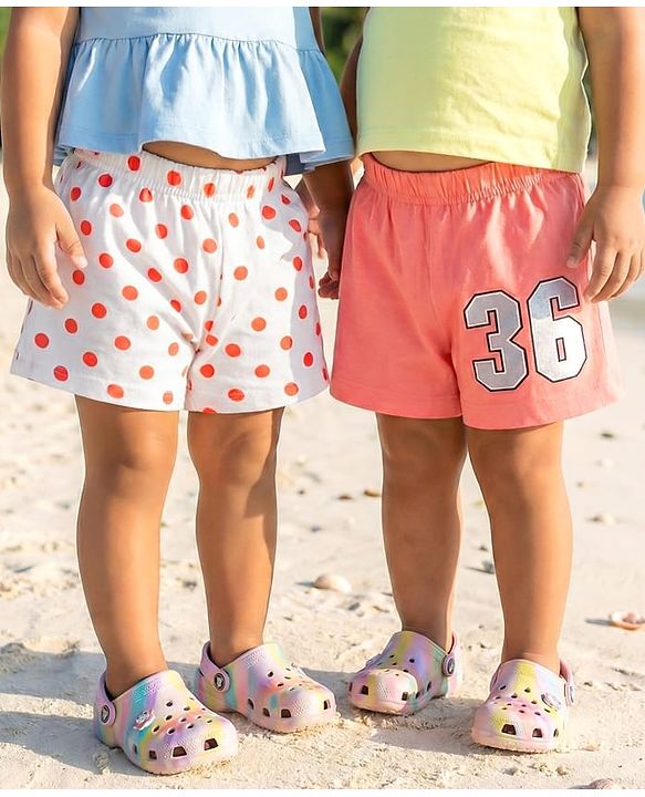 Babyhug Cotton Single Jersey Knit Mid Thigh Shorts With Polka Dots & Number Print Pack Of 2 - Pink & White