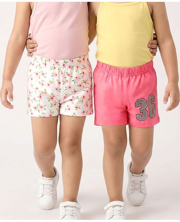 Babyhug Cotton Single Jersey Knit Mid Thigh Shorts With Floral & Number Print Pack Of 2 - Pink