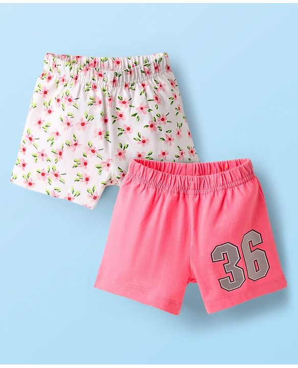 Babyhug Cotton Single Jersey Knit Mid Thigh Shorts With Floral & Number Print Pack Of 2 - Pink