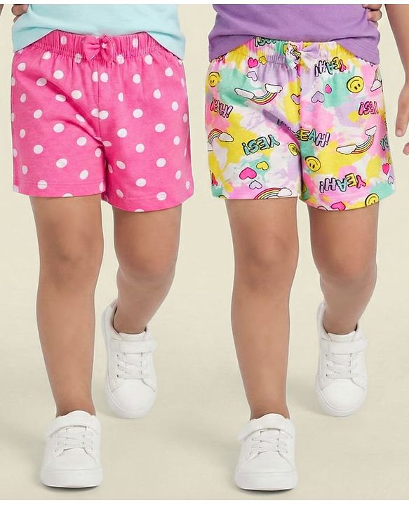 Babyhug Cotton Knit Mid Thigh Polka Dots & Smiley Printed Shorts with Bow Applique Pack of 2 - Dark Pink & White