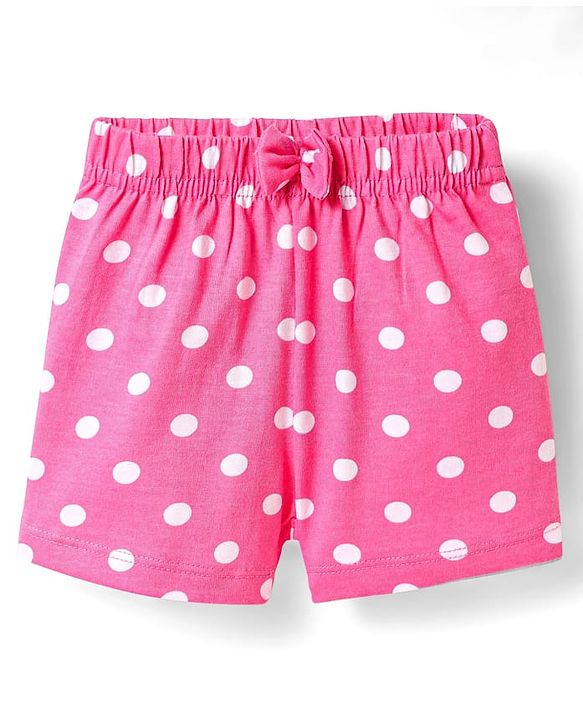 Babyhug Cotton Knit Mid Thigh Polka Dots & Smiley Printed Shorts with Bow Applique Pack of 2 - Dark Pink & White