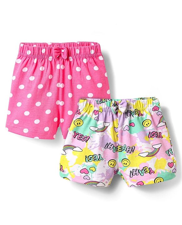 Babyhug Cotton Knit Mid Thigh Polka Dots & Smiley Printed Shorts with Bow Applique Pack of 2 - Dark Pink & White