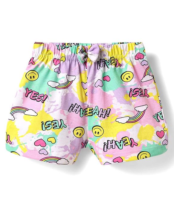 Babyhug Cotton Knit Mid Thigh Polka Dots & Smiley Printed Shorts with Bow Applique Pack of 2 - Dark Pink & White