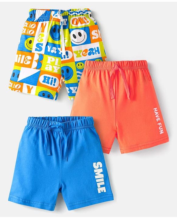 Babyhug Cotton Knit Mid Thigh Shorts with Text Print Pack of 3 - Coral White & Blue