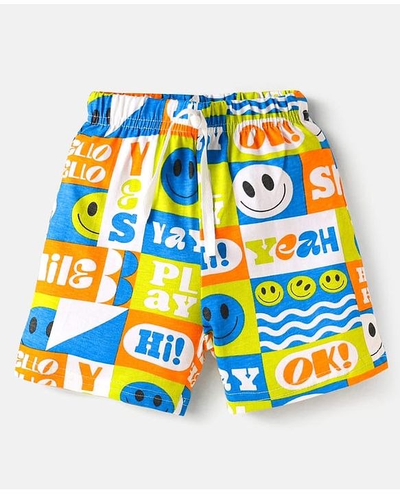 Babyhug Cotton Knit Mid Thigh Shorts with Text Print Pack of 3 - Coral White & Blue