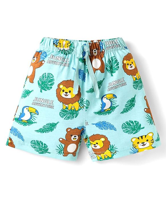 Babyhug Cotton Knit Mid Thigh Shorts with Jungle Theme Print Pack of 3 - Light Blue Yellow & Blue
