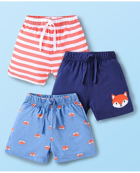 Babyhug Single Jersey Knit Mid Thigh Shorts with Stripes & Animal Print Pack Of 3 - Navy Blue & Red