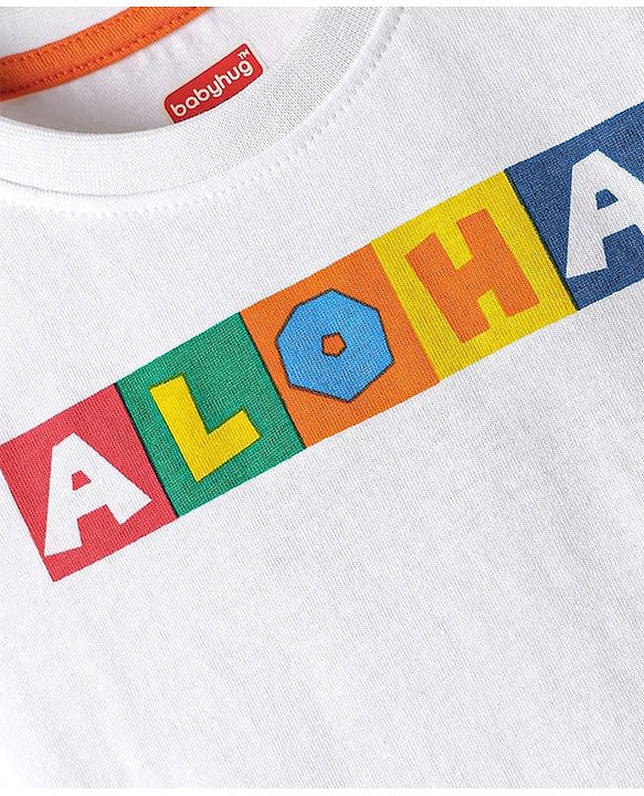 Babyhug Single Jersey Knit Half Sleeves T-Shirt & Dungree With Tropical & Text Print - White