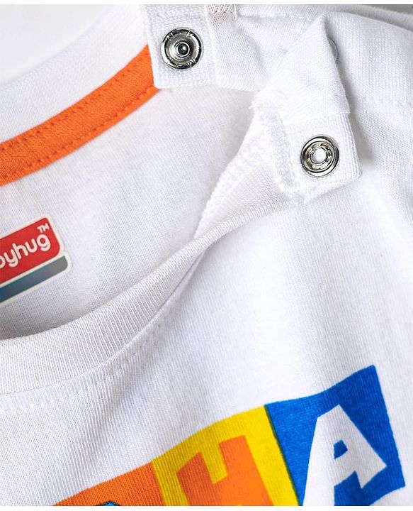 Babyhug Single Jersey Knit Half Sleeves T-Shirt & Dungree With Tropical & Text Print - White