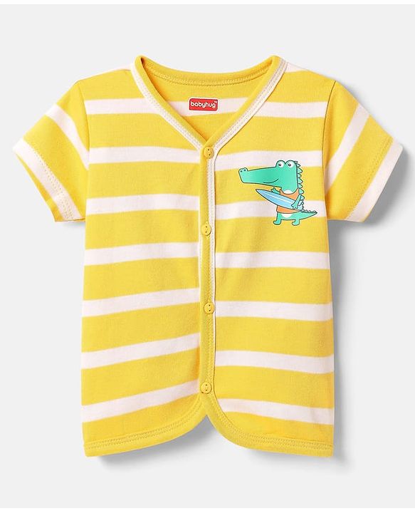 Babyhug 100% Cotton Antibacterial Half Sleeves Front Open Vest With Stripes & Animal Print Pack Of 3 - Yellow & Navy Blue
