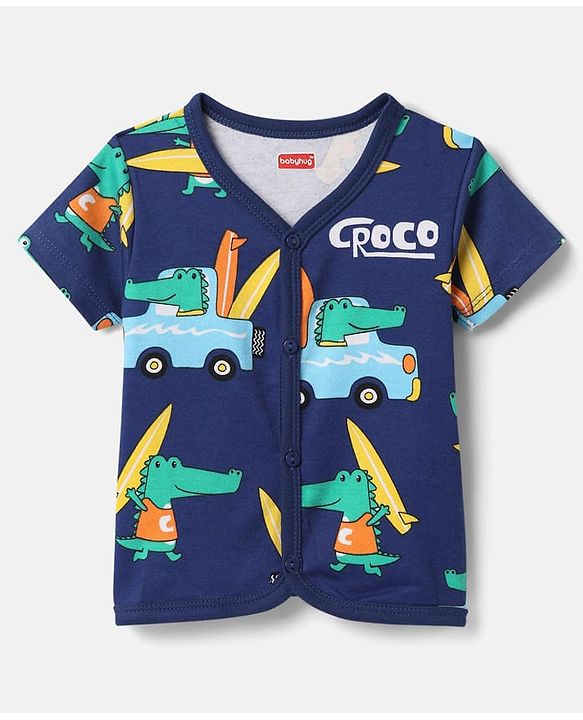 Babyhug 100% Cotton Antibacterial Half Sleeves Front Open Vest With Stripes & Animal Print Pack Of 3 - Yellow & Navy Blue