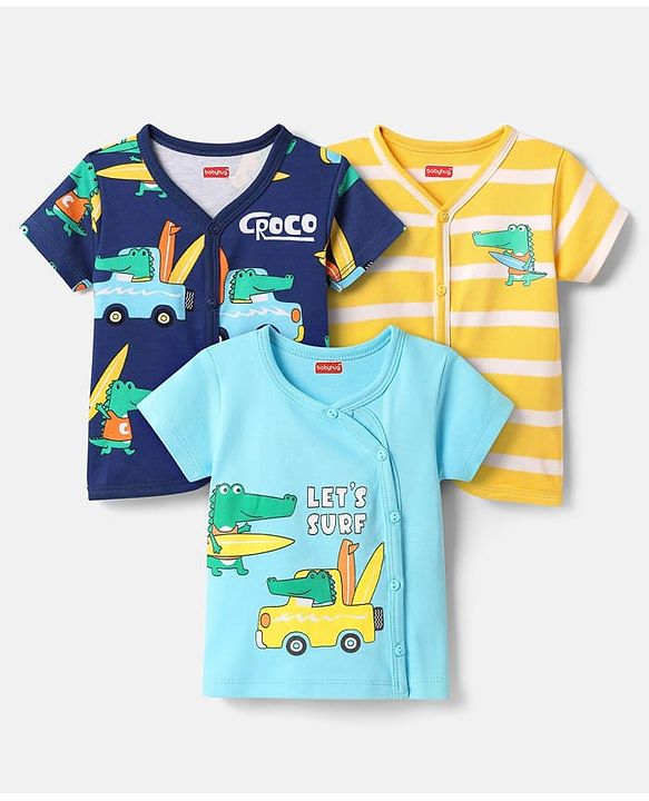 Babyhug 100% Cotton Antibacterial Half Sleeves Front Open Vest With Stripes & Animal Print Pack Of 3 - Yellow & Navy Blue