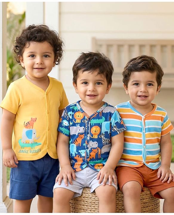 Babyhug 100% Cotton Antibacterial Front Open Half Sleeves Animal Printed & Striped jhablas Pack Of 3 - Navy Blue Yellow & Light Blue