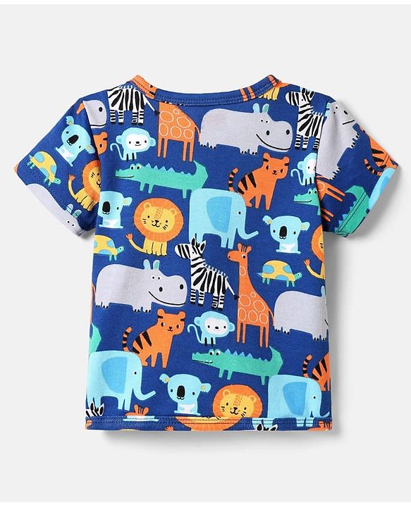 Babyhug 100% Cotton Antibacterial Front Open Half Sleeves Animal Printed & Striped jhablas Pack Of 3 - Navy Blue Yellow & Light Blue