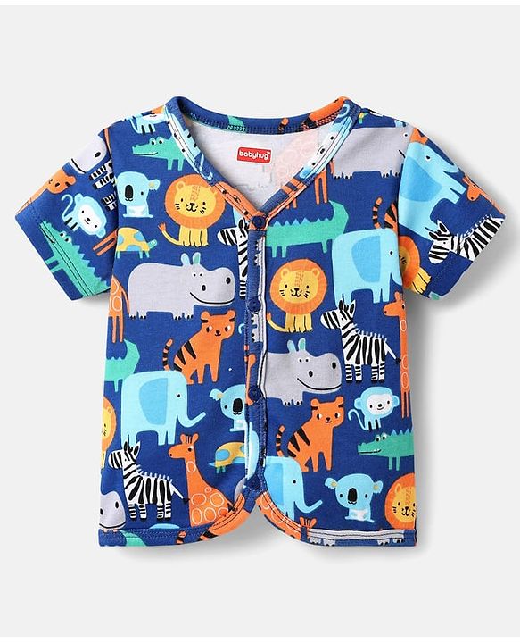 Babyhug 100% Cotton Antibacterial Front Open Half Sleeves Animal Printed & Striped jhablas Pack Of 3 - Navy Blue Yellow & Light Blue