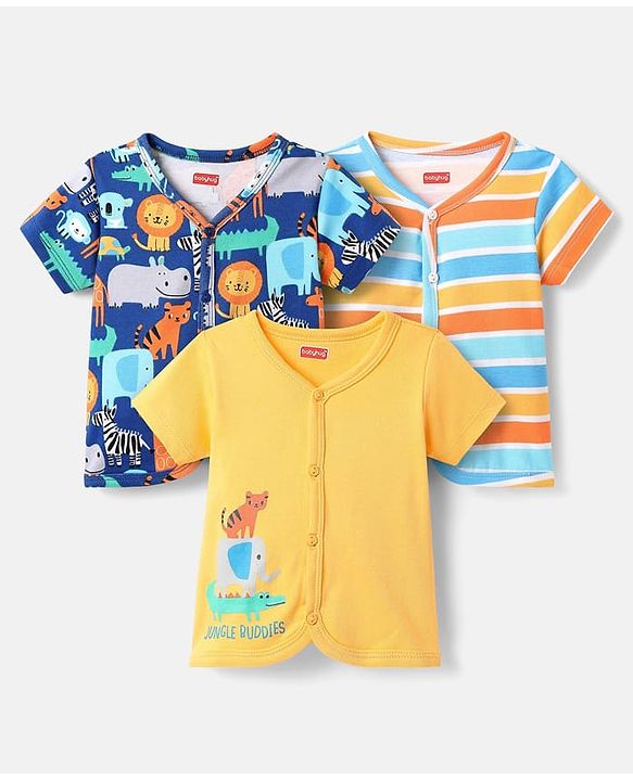 Babyhug 100% Cotton Antibacterial Front Open Half Sleeves Animal Printed & Striped jhablas Pack Of 3 - Navy Blue Yellow & Light Blue