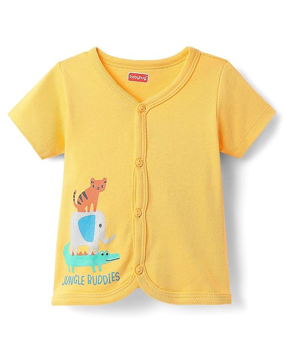 Babyhug 100% Cotton Antibacterial Front Open Half Sleeves Animal Printed & Striped jhablas Pack Of 3 - Navy Blue Yellow & Light Blue