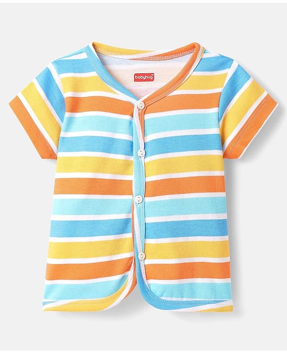Babyhug 100% Cotton Antibacterial Front Open Half Sleeves Animal Printed & Striped jhablas Pack Of 3 - Navy Blue Yellow & Light Blue