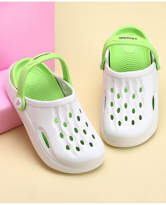 Pine Kids Clogs with Back Strap - White & Green