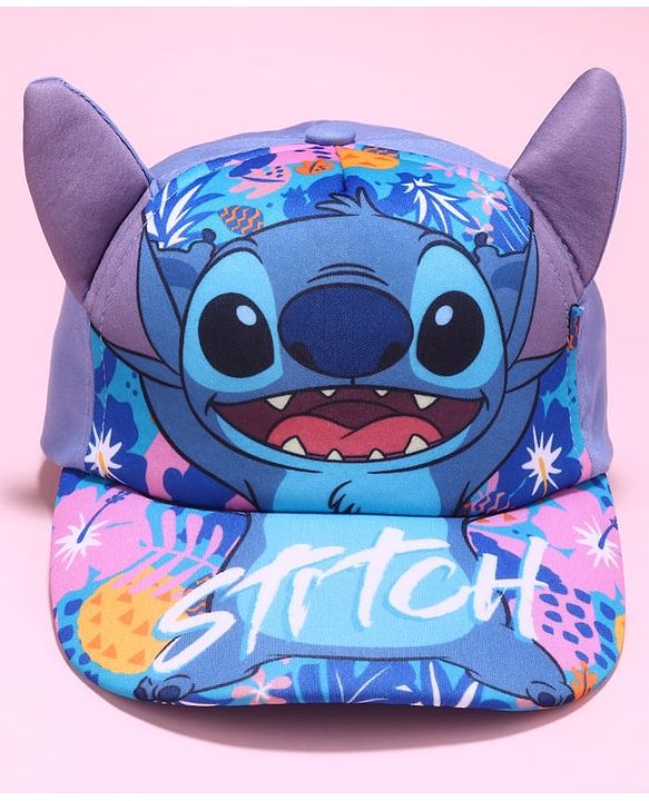 Babyhug Disney Cotton Blend Knit Baseball Cap With Stitch Print Blue - Diameter 50 cm