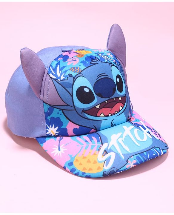 Babyhug Disney Cotton Blend Knit Baseball Cap With Stitch Print Blue - Diameter 50 cm