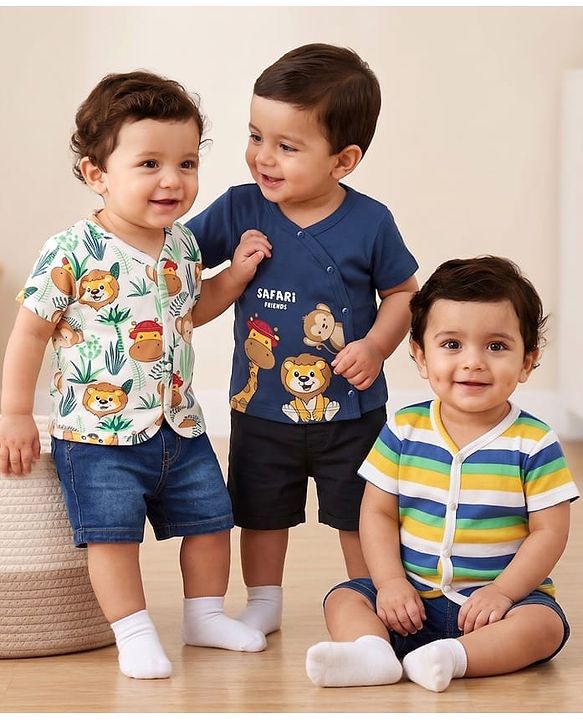 Babyhug 100% Cotton Antibacterial Half Sleeves Front Open jhabla With Stripes & Animal Print Pack Of 3 - Navy Blue & White