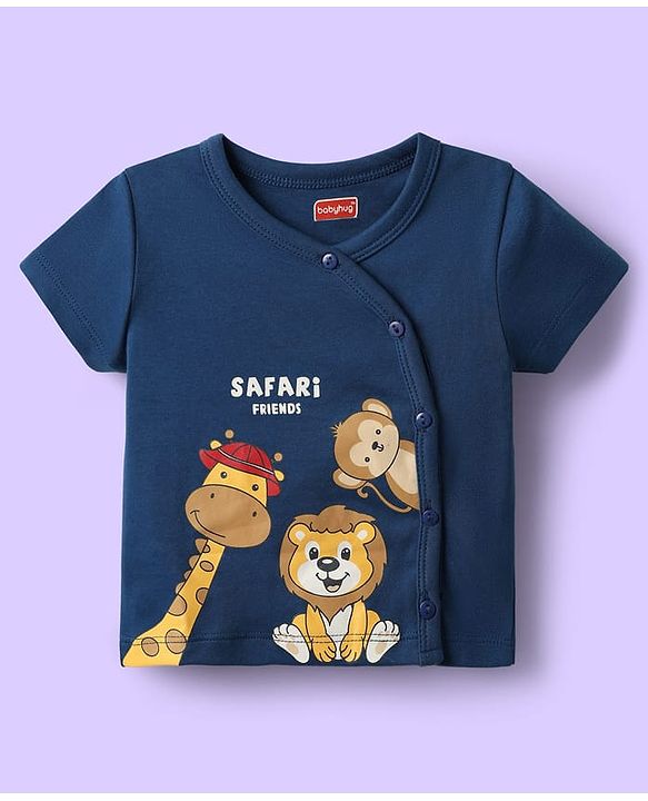 Babyhug 100% Cotton Antibacterial Half Sleeves Front Open jhabla With Stripes & Animal Print Pack Of 3 - Navy Blue & White