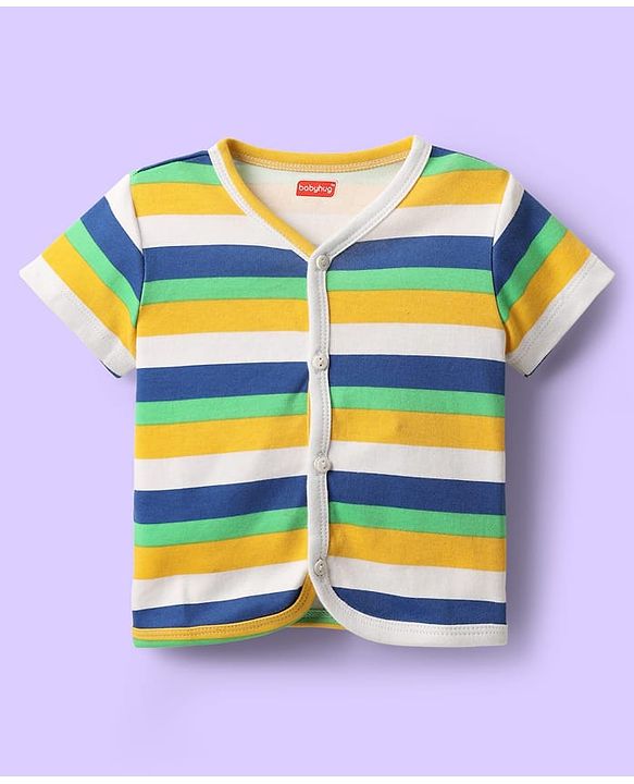 Babyhug 100% Cotton Antibacterial Half Sleeves Front Open jhabla With Stripes & Animal Print Pack Of 3 - Navy Blue & White