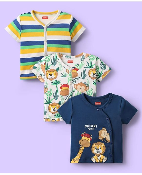 Babyhug 100% Cotton Antibacterial Half Sleeves Front Open jhabla With Stripes & Animal Print Pack Of 3 - Navy Blue & White