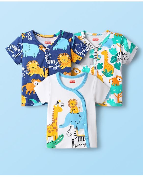 Babyhug 100% Cotton Interlock Knit Half Sleeves Front Open Vests With Animal Print Pack Of 3 - Navy Blue & White
