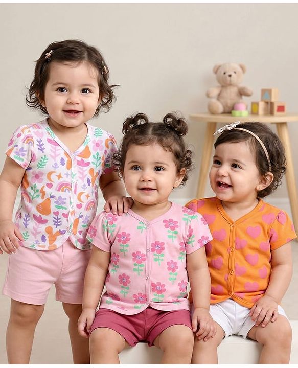 Babyhug 100% Cotton Interlock Knit Half Sleeves Front Open jhabla with Floral & Heart Print Pack of 3 - Orange Pink & White