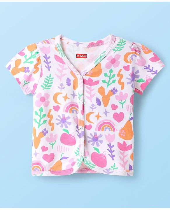 Babyhug 100% Cotton Interlock Knit Half Sleeves Front Open jhabla with Floral & Heart Print Pack of 3 - Orange Pink & White