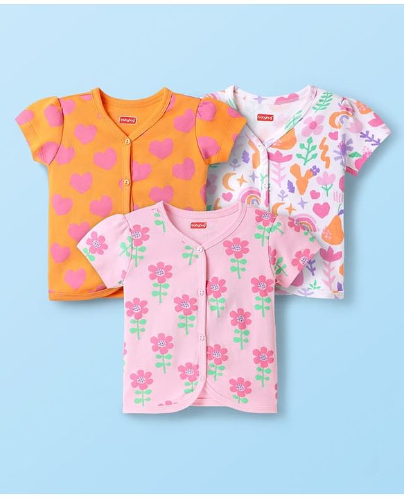 Babyhug 100% Cotton Interlock Knit Half Sleeves Front Open jhabla with Floral & Heart Print Pack of 3 - Orange Pink & White