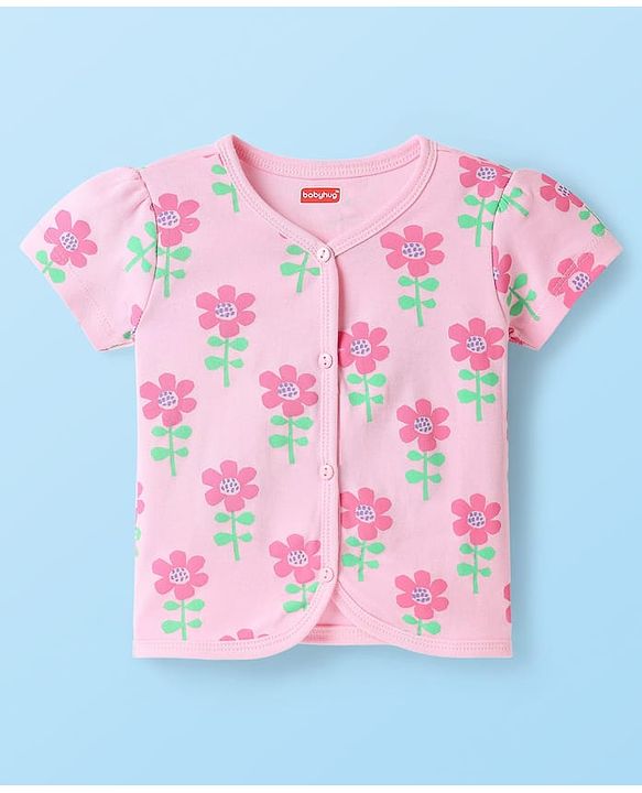 Babyhug 100% Cotton Interlock Knit Half Sleeves Front Open jhabla with Floral & Heart Print Pack of 3 - Orange Pink & White